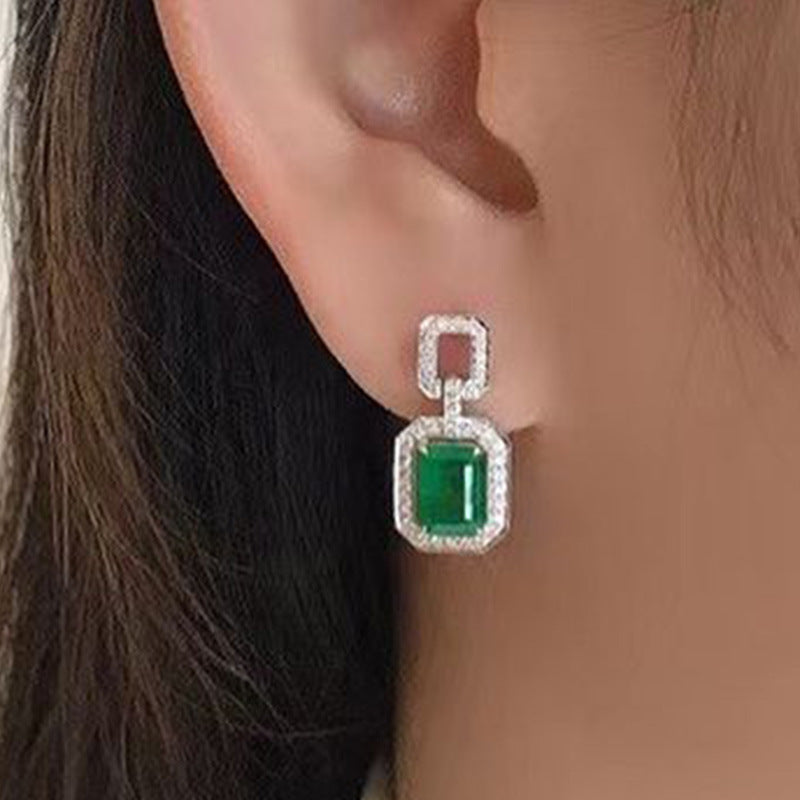 European and American Elements Classic Elegant Rectangular Emerald  Zircon Earrings