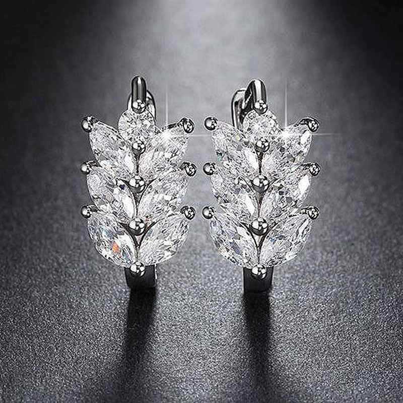 Hot Sale Earrings Fashion Diamond-Embedded Leaf-Shaped Wheat Zircon Daily Wear Stud Earring