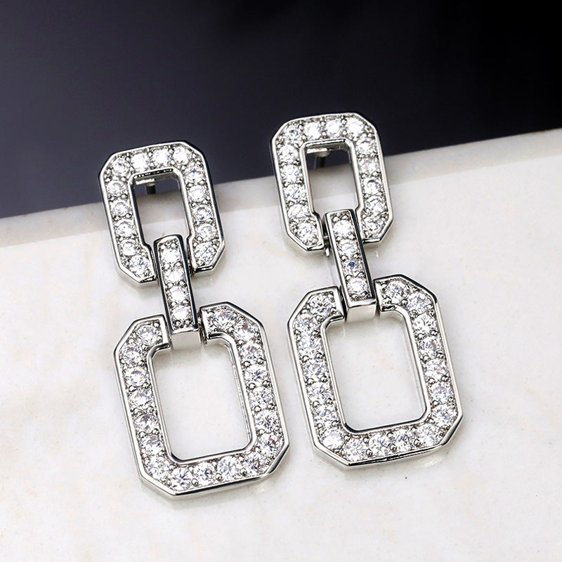 New Arrival French Style Cold Square Chain Zircon Earrings