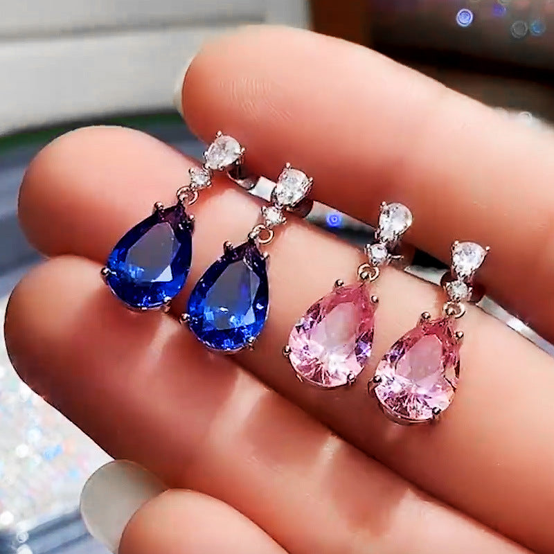 \European and AmericanElegant Pink Diamond Pear-Shaped Water Drop Earrings