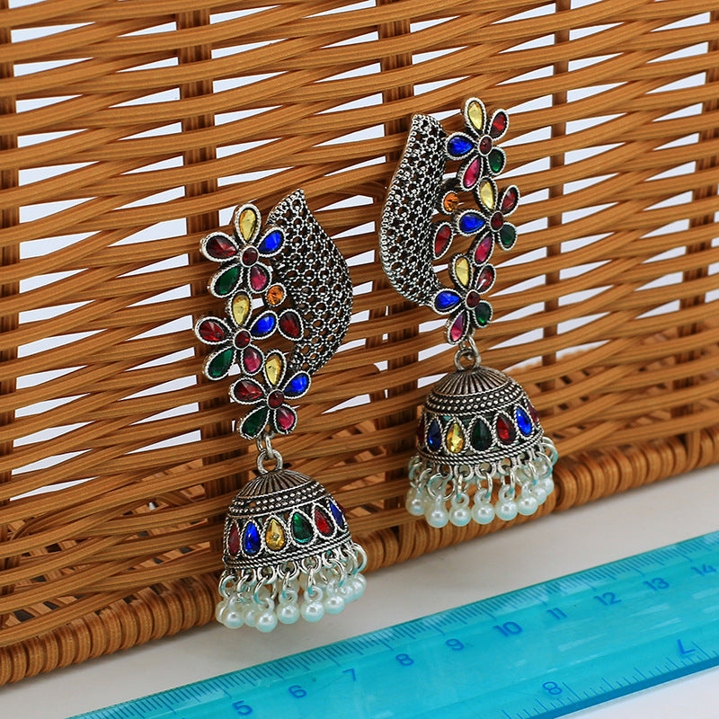 Indian Earrings Traditional Pearl Beaded Earrings Flower Jhumka Jhumki Jumka for Wowen-Silver - enjoyinshopping