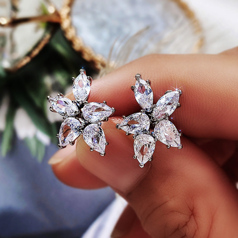 Elegant Shinny Five-Leaf Flower Zircon Stud Earrings For Women