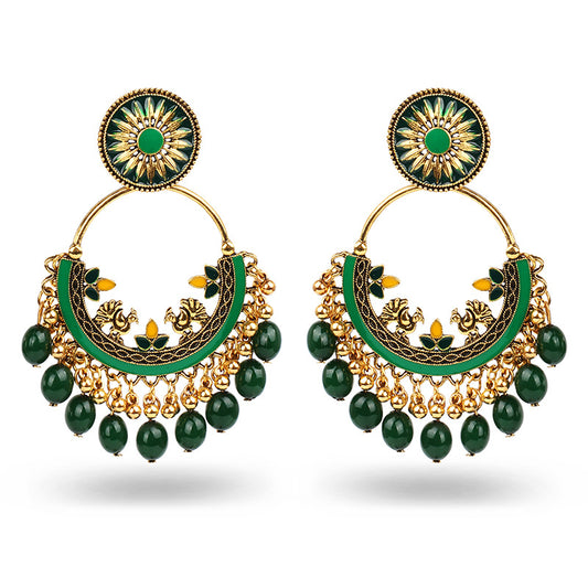 Indian Earrings Traditional Round Beaded Oil dripping Flower Earrings Chandali for Wowen-Green/Pink