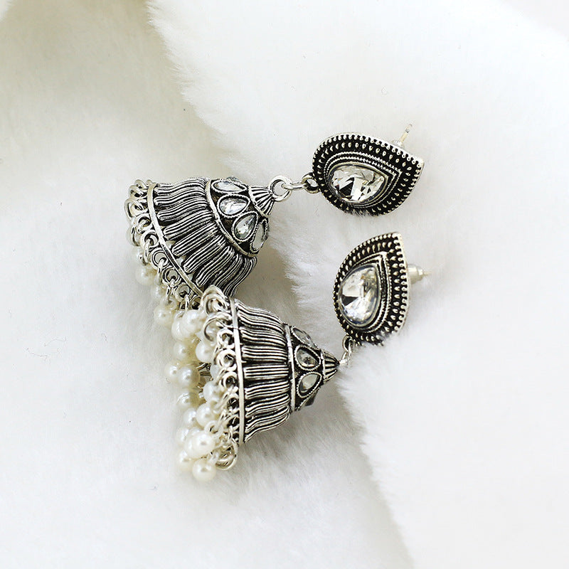 Indian Earrings Traditional Pearl Beaded Earrings Jhumka Jhumki Jumka for Wowen-Silver - enjoyinshopping