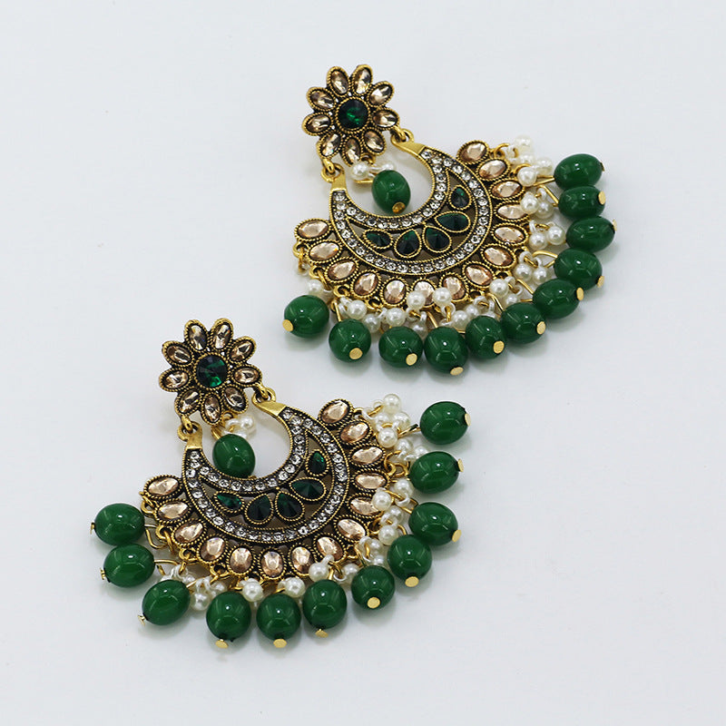 Indian Earrings Beaded Flower Chandali Earrings for Wowen-Green/Grey - enjoyinshopping