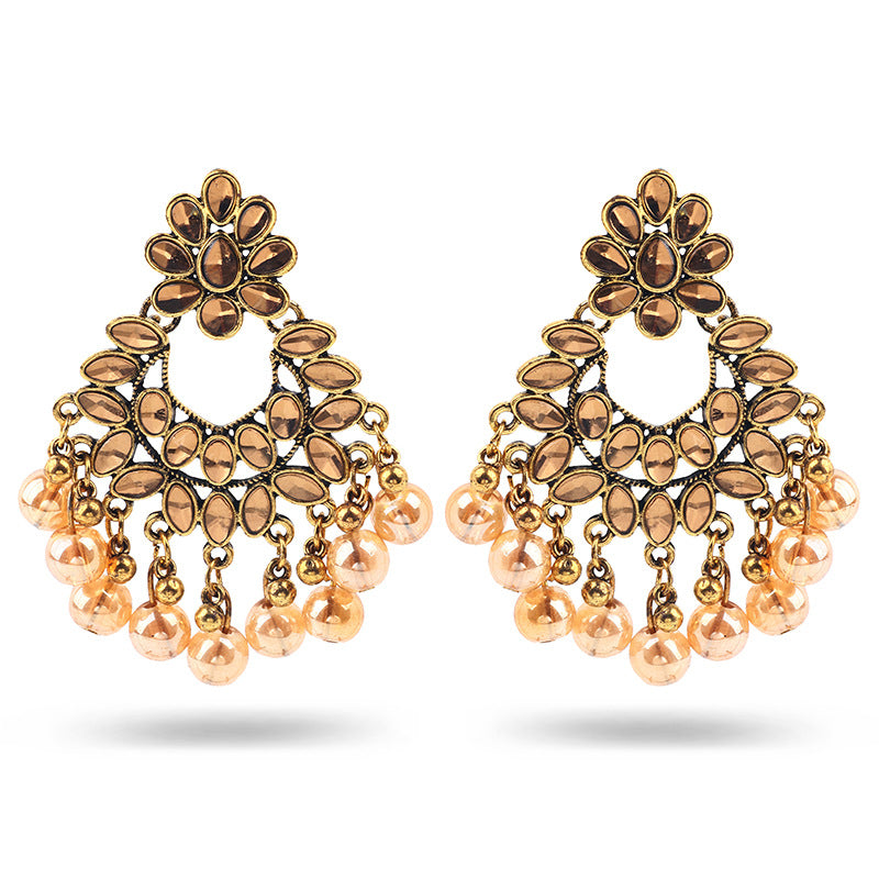 Indian Earrings Traditional Round Beaded Flower Earrings Chandali for Wowen-Gold/Silver