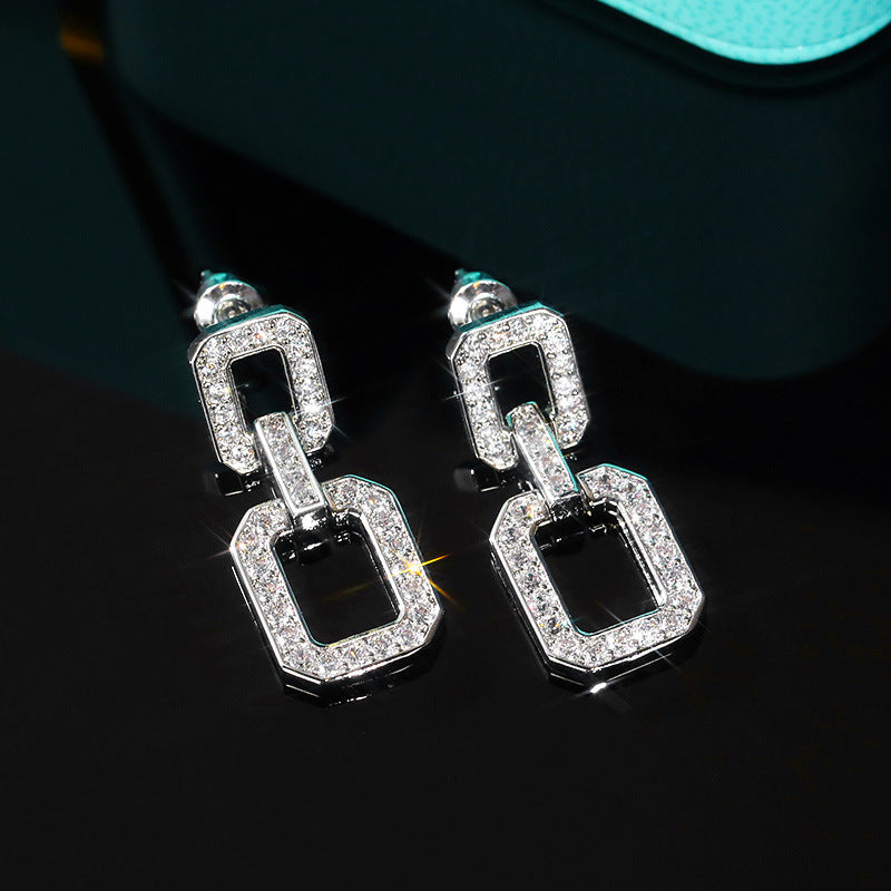 New Arrival French Style Cold Square Chain Zircon Earrings