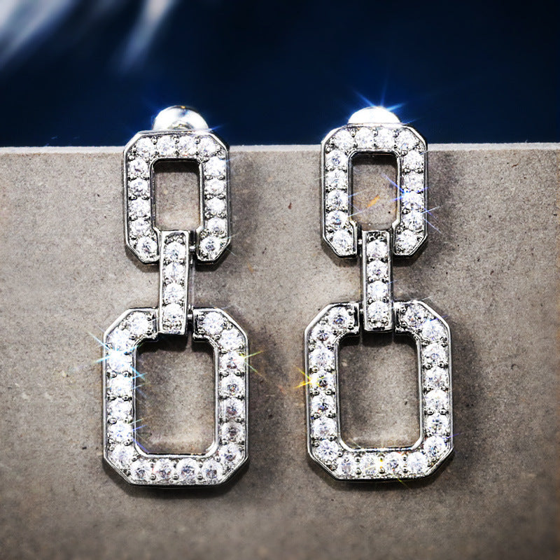 New Arrival French Style Cold Square Chain Zircon Earrings