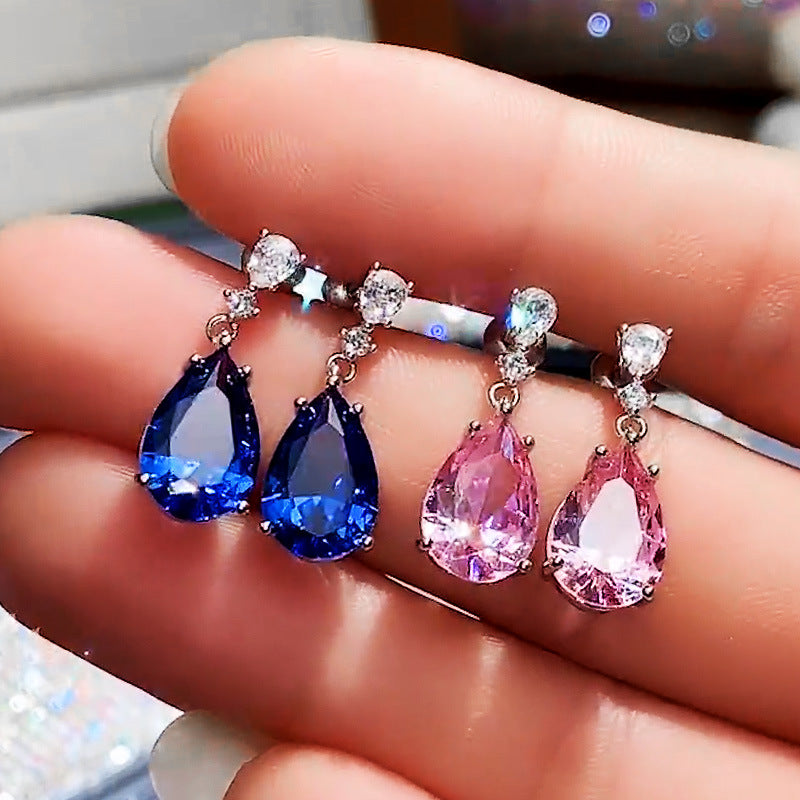 \European and AmericanElegant Pink Diamond Pear-Shaped Water Drop Earrings