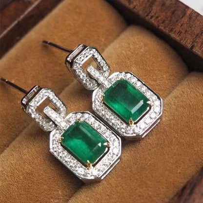 European and American Elements Classic Elegant Rectangular Emerald  Zircon Earrings