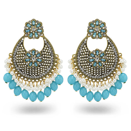 Indian Earrings Traditional Round Beaded Imitation Agate Earrings Chandali for Wowen-Black/Baby Blue - enjoyinshopping