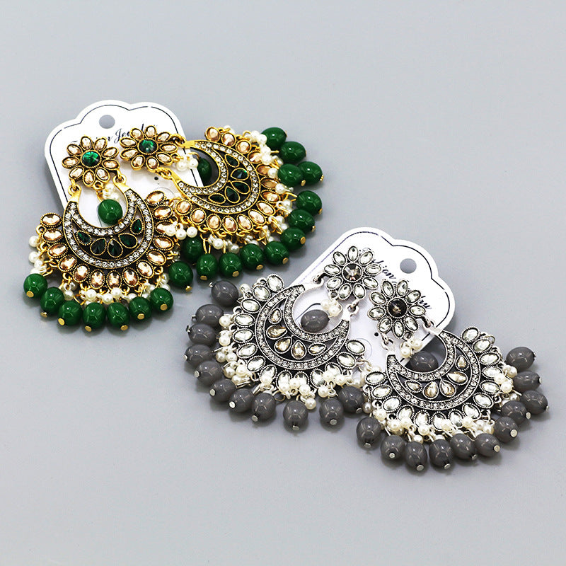 Indian Earrings Beaded Flower Chandali Earrings for Wowen-Green/Grey - enjoyinshopping