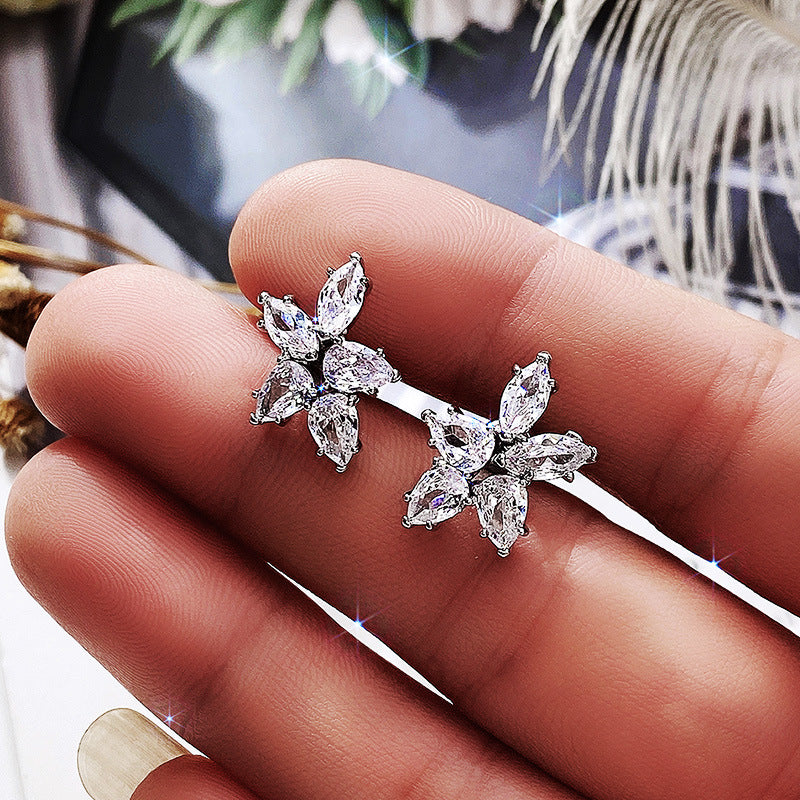 Elegant Shinny Five-Leaf Flower Zircon Stud Earrings For Women