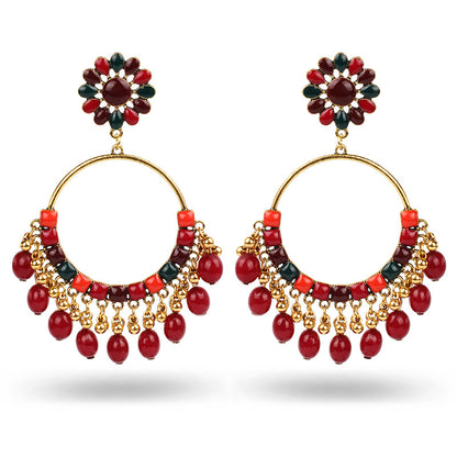 Indian Earrings Traditional Round Beaded Oil dripping Flower Earrings Chandali for Wowen-Red/Black - enjoyinshopping