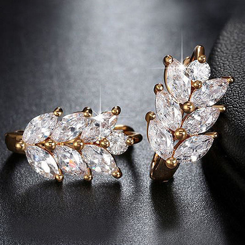 Hot Sale Earrings Fashion Diamond-Embedded Leaf-Shaped Wheat Zircon Daily Wear Stud Earring