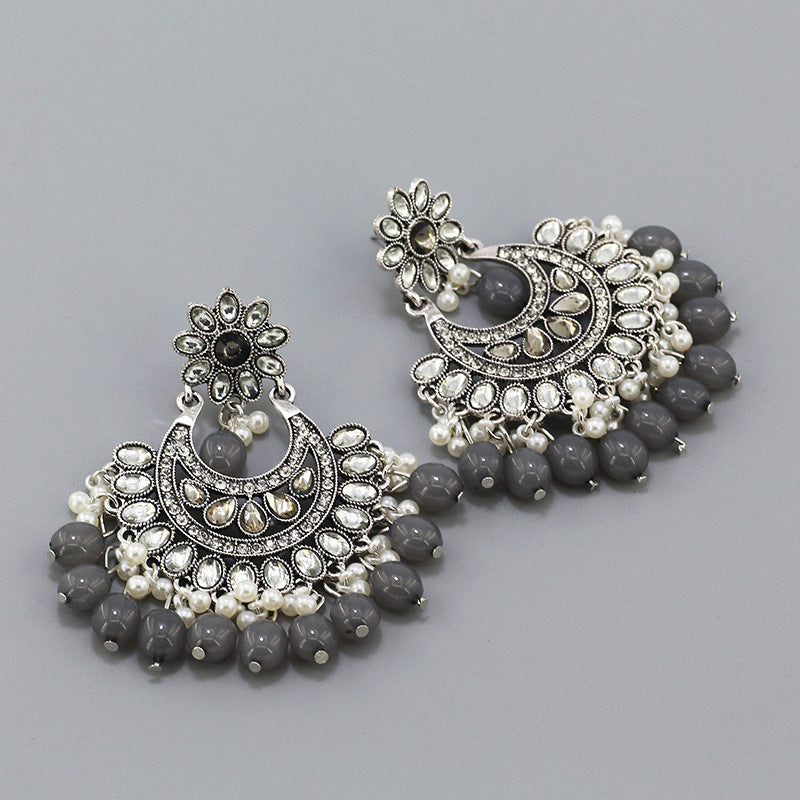 Indian Earrings Beaded Flower Chandali Earrings for Wowen-Green/Grey - enjoyinshopping