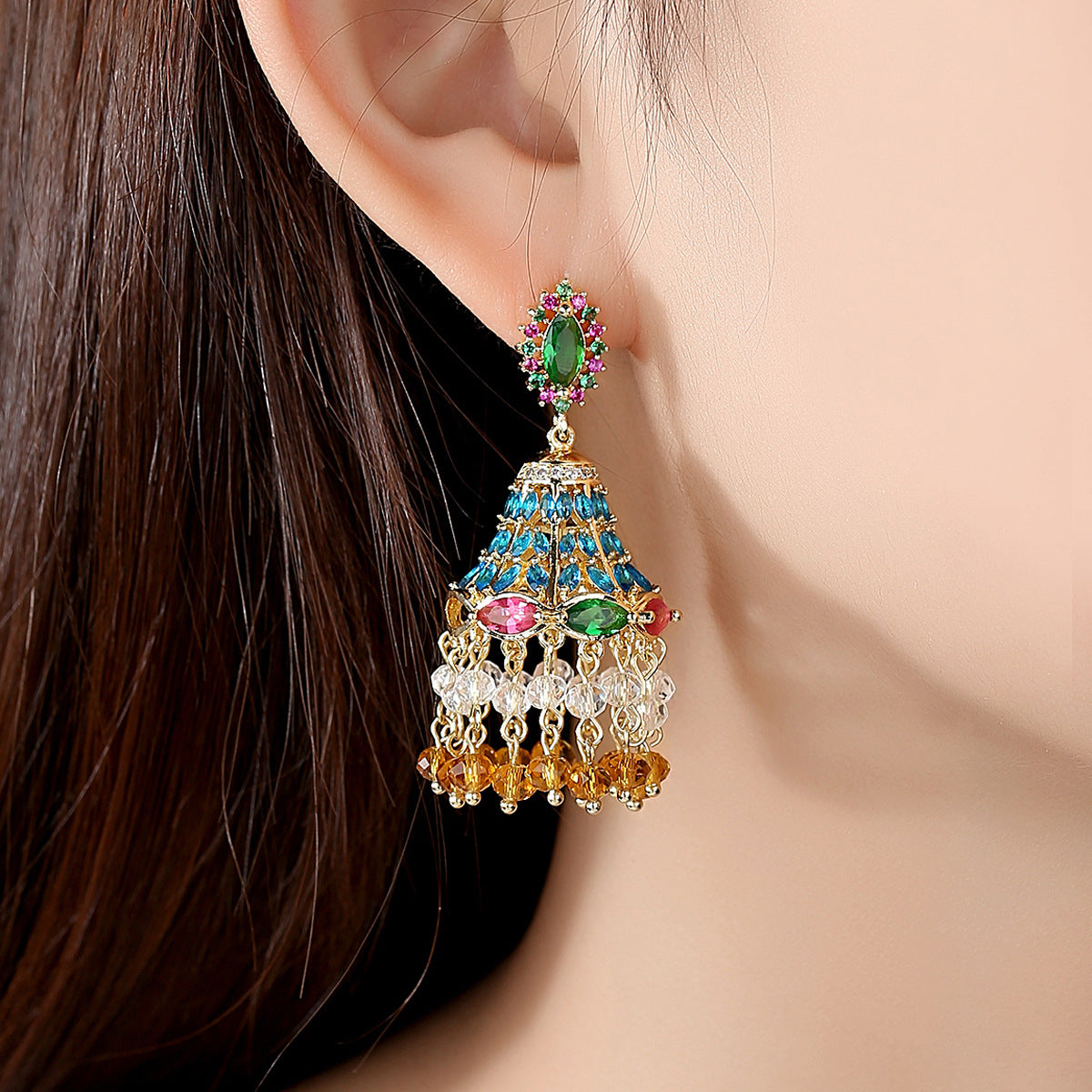 High-Quality Indian Style Earrings Bollywood Inlaid Zircon Luxury Jhumka Jhumki Jumka Earrings-Gold - enjoyinshopping