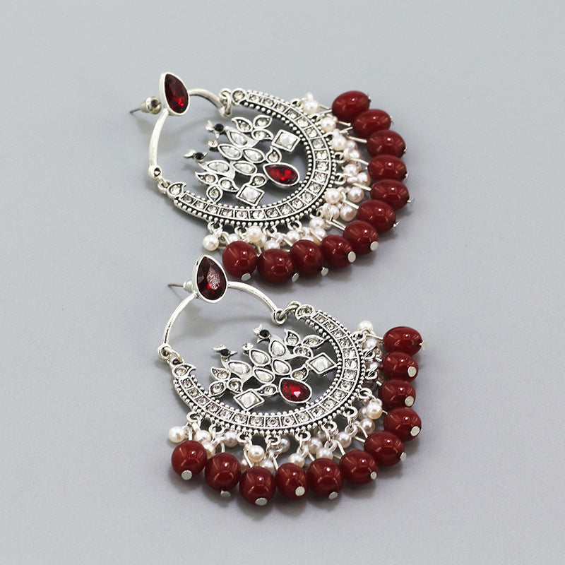 Indian Earrings Traditional Round Beaded Phoenix Earrings Chandali for Wowen-Blue/Red