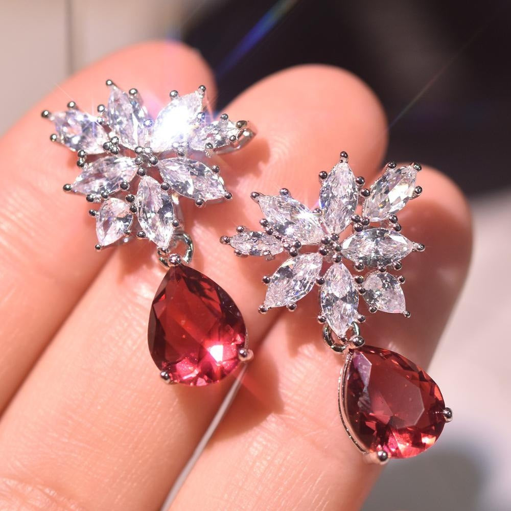 European and American New Inlaid Water Drop Pear-Shaped Red Zircon Stud Earrings-Red