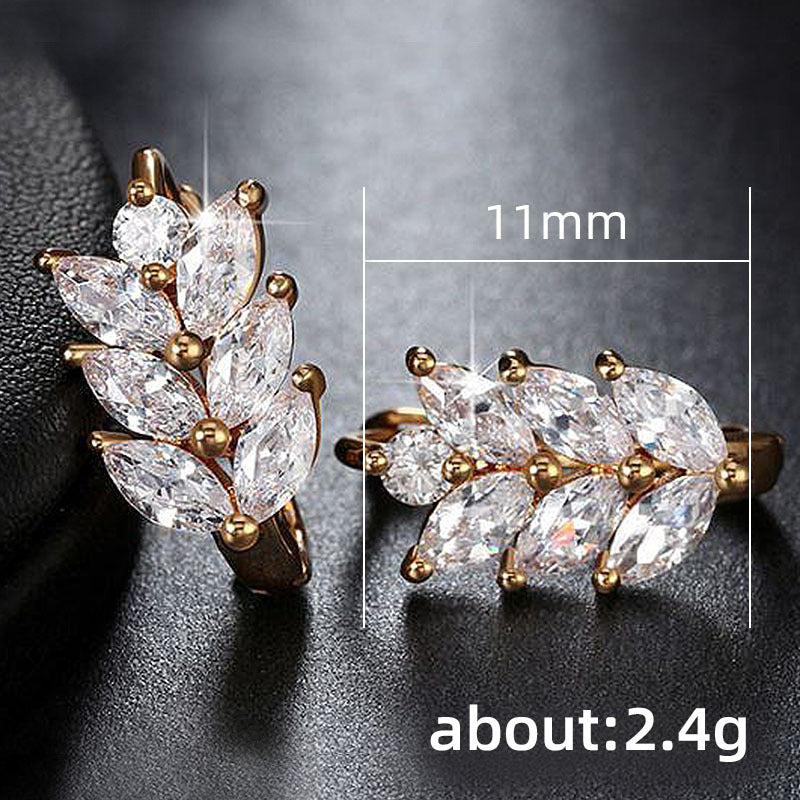 Hot Sale Earrings Fashion Diamond-Embedded Leaf-Shaped Wheat Zircon Daily Wear Stud Earring