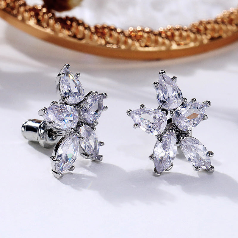 Elegant Shinny Five-Leaf Flower Zircon Stud Earrings For Women