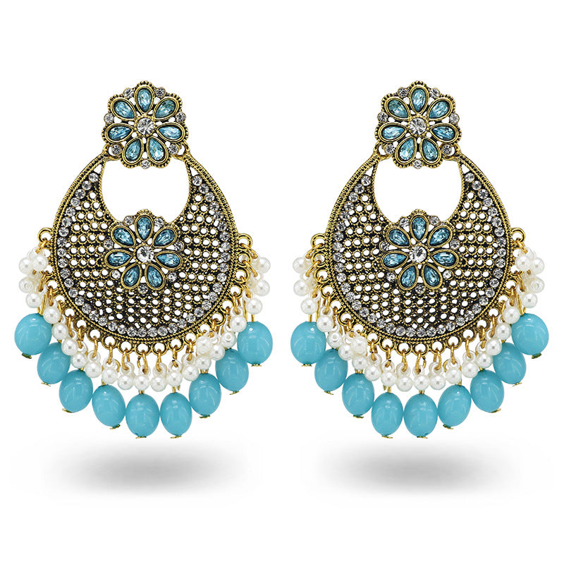 Indian Earrings Traditional Round Beaded Imitation Agate Earrings Chandali for Wowen-Black/Baby Blue - enjoyinshopping