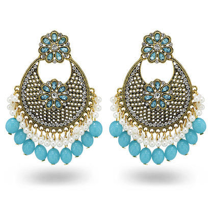 Indian Earrings Traditional Round Beaded Imitation Agate Earrings Chandali for Wowen-Black/Baby Blue - enjoyinshopping