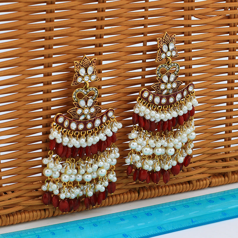 Indian Earrings Bohemian Tassel Pearl Beaded Earrings for Wowen-Red - enjoyinshopping