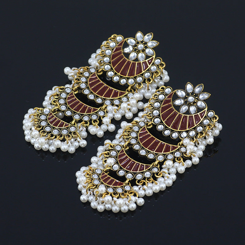 Indian Earrings Gold Round Long Pearl  Beaded Earrings for Wowen-Red