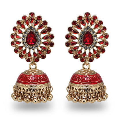 Indian Earrings Traditional Hoop Beaded Paisley Earrings Jhumka Jhumki Jumka for Wowen-Red - enjoyinshopping