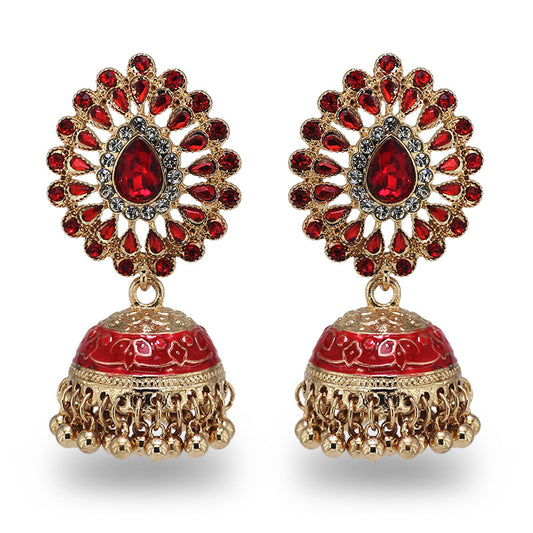 Indian Earrings Traditional Hoop Beaded Paisley Earrings Jhumka Jhumki Jumka for Wowen-Red - enjoyinshopping