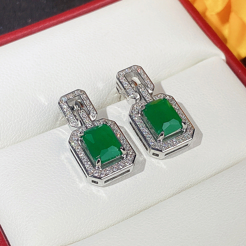 European and American Elements Classic Elegant Rectangular Emerald  Zircon Earrings