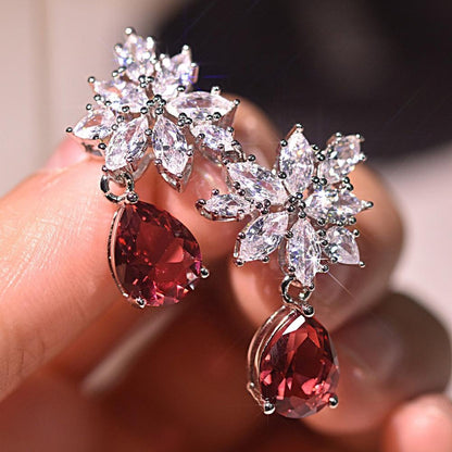 European and American New Inlaid Water Drop Pear-Shaped Red Zircon Stud Earrings-Red