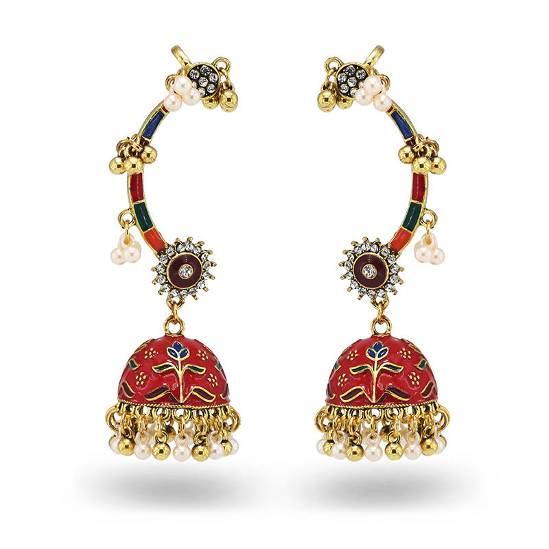 Indian Earrings Traditional Pearl Beaded Earrings Jhumka Jhumki Jumka for Wowen-Red/Blue - enjoyinshopping