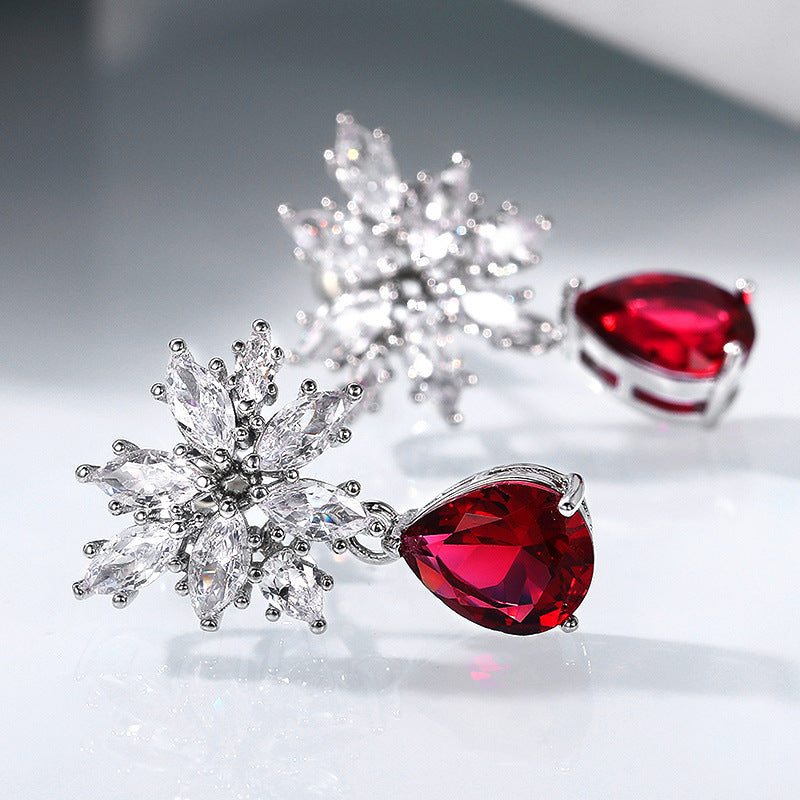 European and American New Inlaid Water Drop Pear-Shaped Red Zircon Stud Earrings-Red