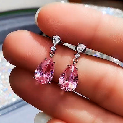 \European and AmericanElegant Pink Diamond Pear-Shaped Water Drop Earrings