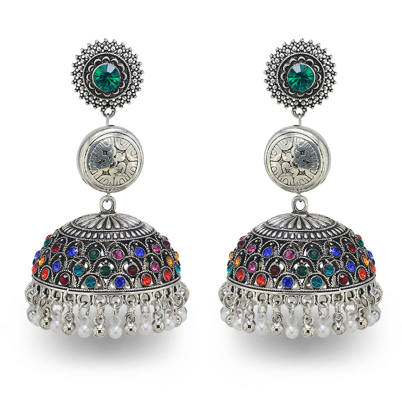 Indian Earrings Traditional Pearl Beaded Oxidized Earrings Jhumka Jhumki Jumka for Wowen-Silver - enjoyinshopping