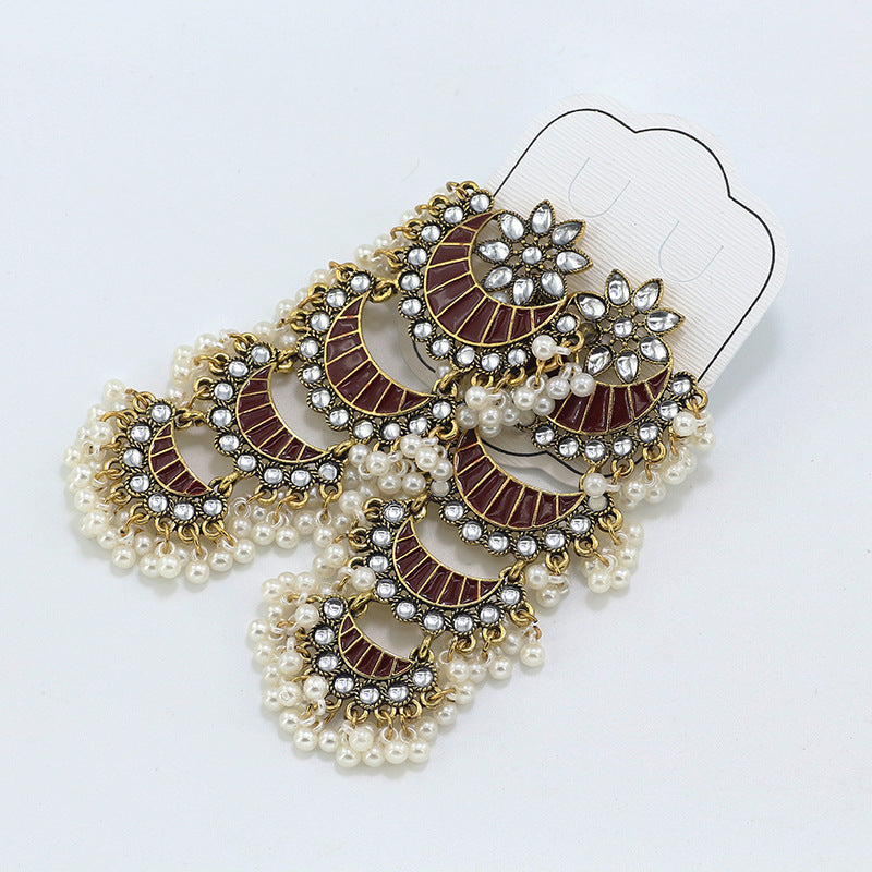 Indian Earrings Gold Round Long Pearl  Beaded Earrings for Wowen-Red