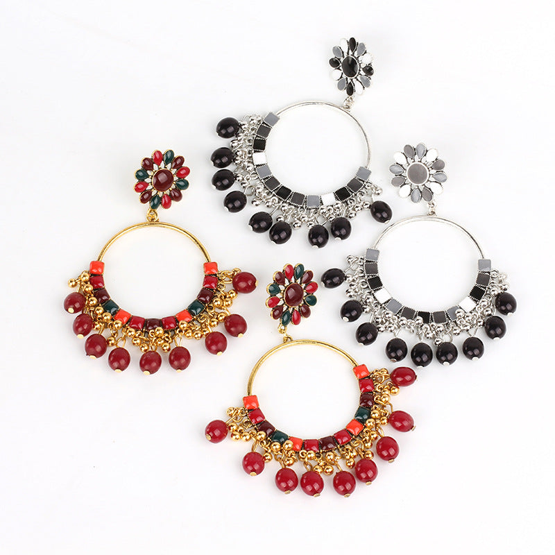 Indian Earrings Traditional Round Beaded Oil dripping Flower Earrings Chandali for Wowen-Red/Black - enjoyinshopping