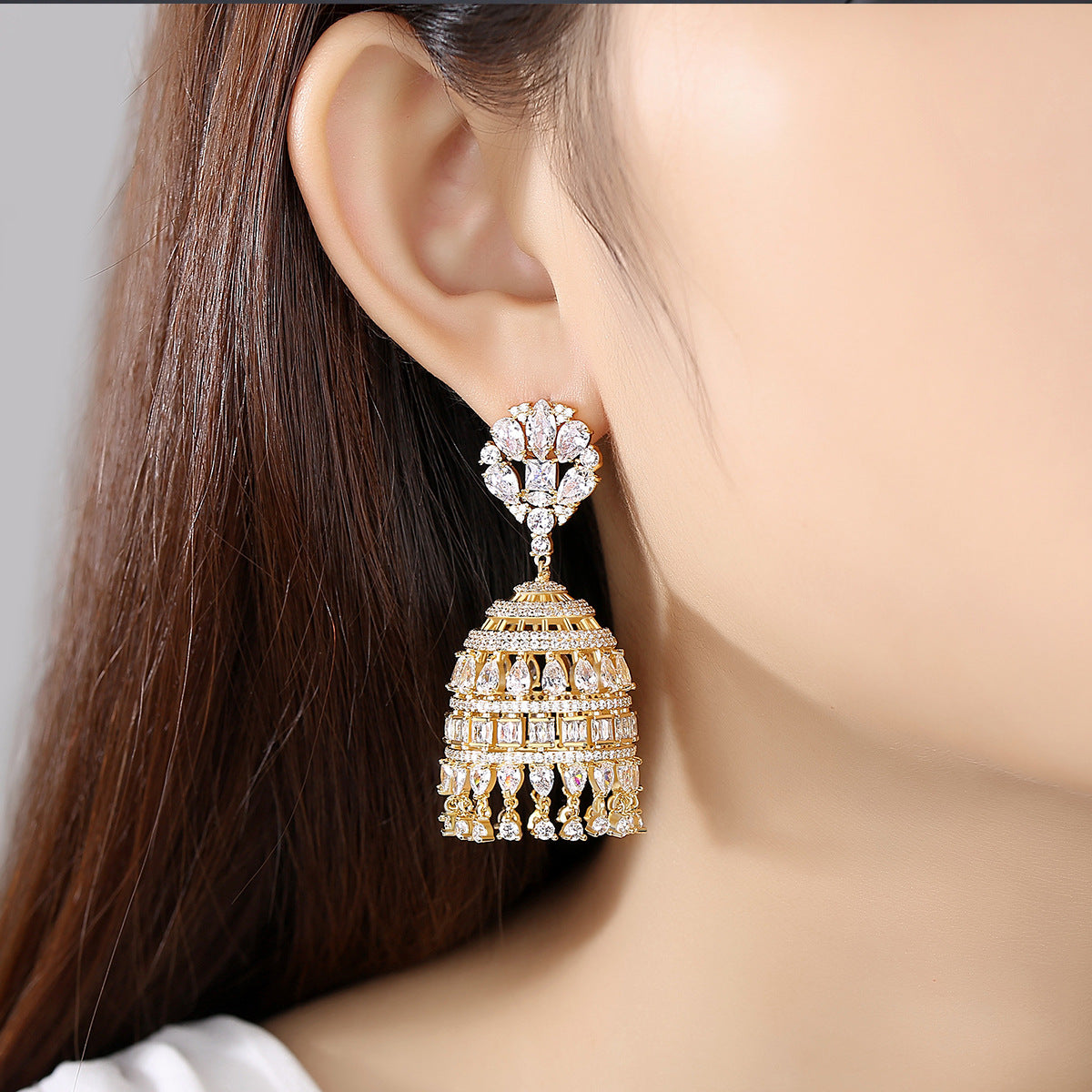 High-Quality Indian Style Earrings Bollywood Inlaid Zircon Luxury Jhumka Jhumki Jumka Earrings-Gold - enjoyinshopping