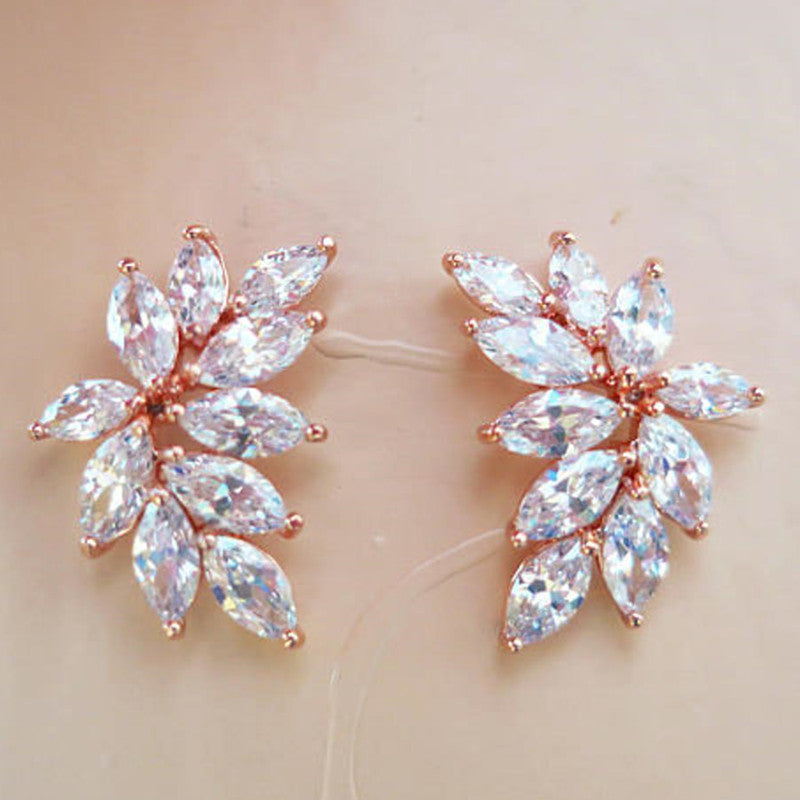 Fashion Bright Zircon Leaf-Shaped Stud Earrings