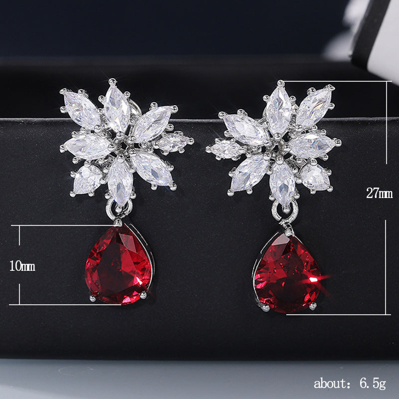 European and American New Inlaid Water Drop Pear-Shaped Red Zircon Stud Earrings-Red