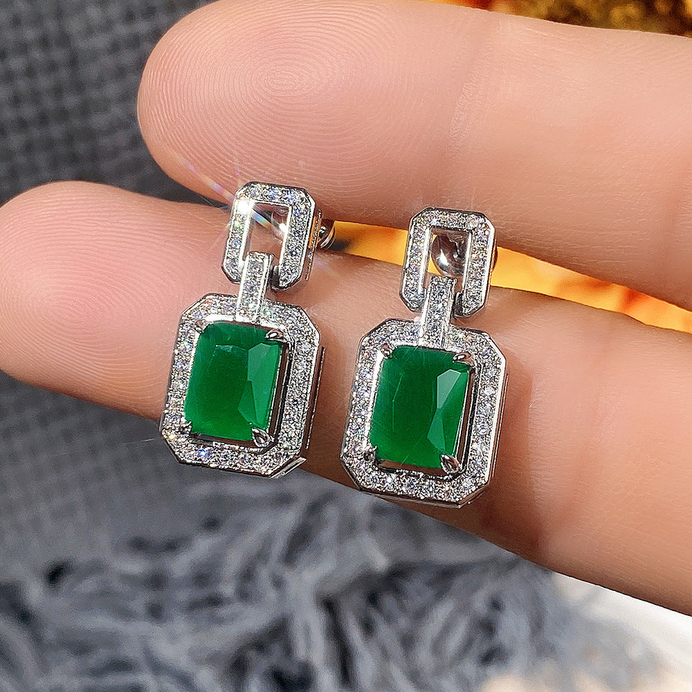 European and American Elements Classic Elegant Rectangular Emerald  Zircon Earrings