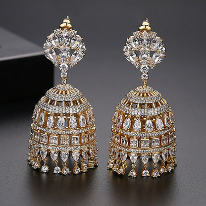 High-Quality Indian Style Earrings Bollywood Inlaid Zircon Luxury Jhumka Jhumki Jumka Earrings-Gold - enjoyinshopping