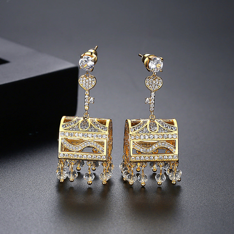 High-Quality Indian Style Earrings Bollywood Inlaid Zircon Lock & Key Luxury Jhumka Jhumki Jumka Earrings-Gold - enjoyinshopping