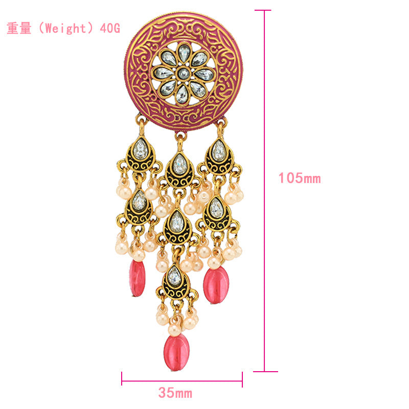 Indian Earrings Bohemian Pearl Beaded Tassel Earrings for Wowen-Pink - enjoyinshopping