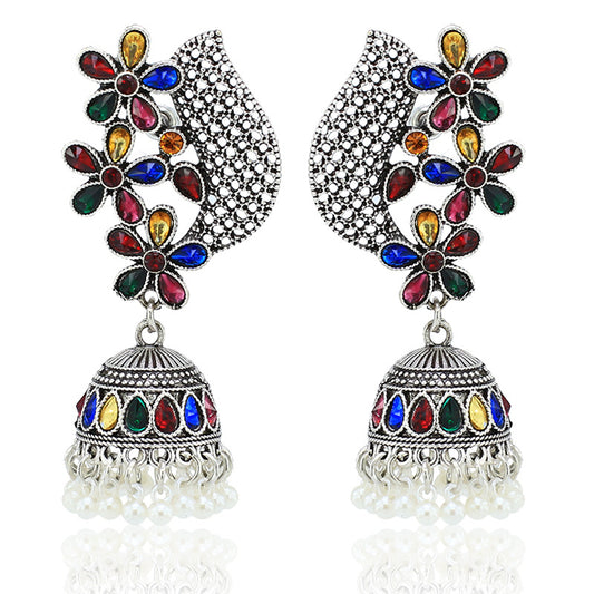 Indian Earrings Traditional Pearl Beaded Earrings Flower Jhumka Jhumki Jumka for Wowen-Silver - enjoyinshopping