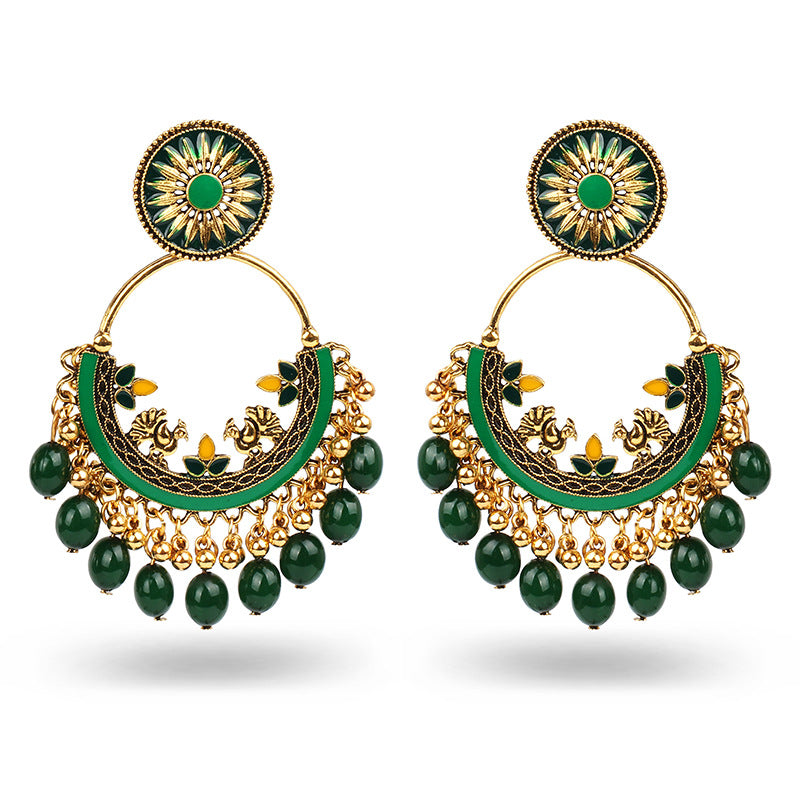 Indian Earrings Traditional Round Beaded Oil dripping Flower Earrings Chandali for Wowen-Green/Pink