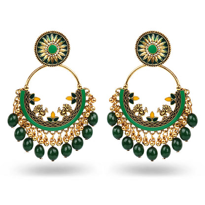 Indian Earrings Traditional Round Beaded Oil dripping Flower Earrings Chandali for Wowen-Green/Pink