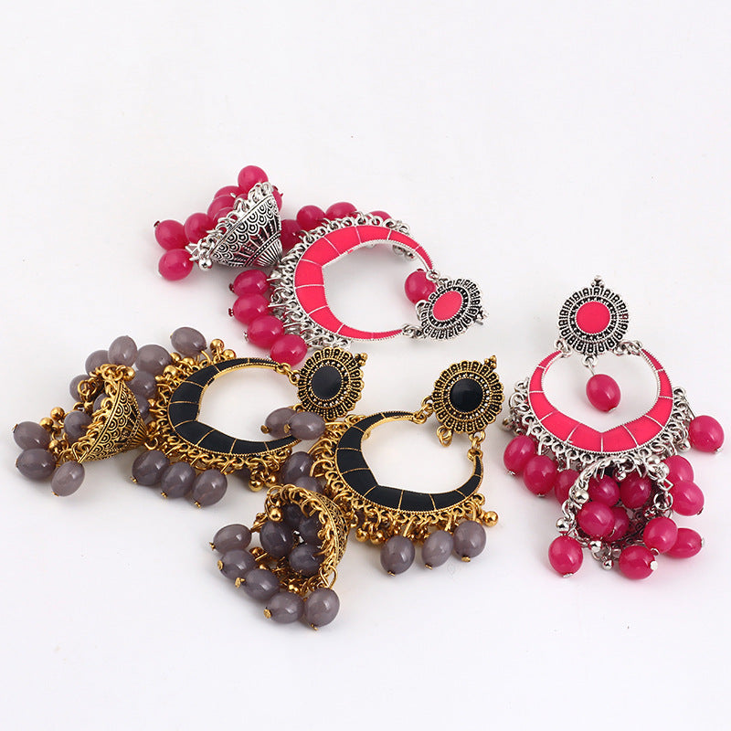 Indian Earrings Traditional Ethnic Bollywood Oxidized Long Jhumka Jhumki Jumka Earrings for Wowen-Pink/Grey - enjoyinshopping